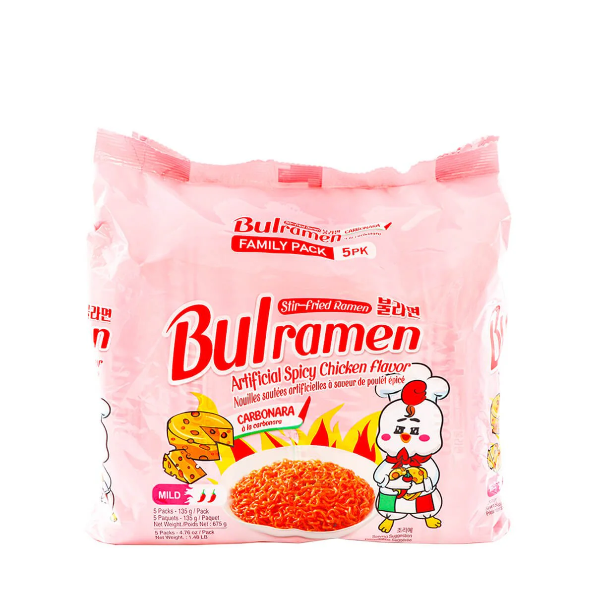 Bulramen Stir-Fried Ramen Spicy Chicken Flavor Mild Carbonara Family Pack 5 packs x 135g, 675g