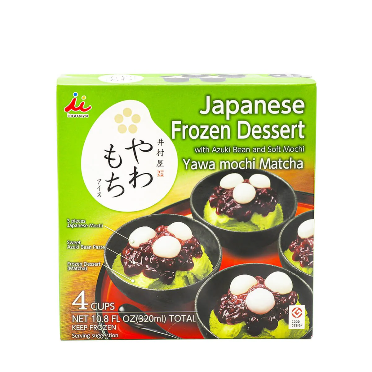 Imuraya Japanese Frozen Dessert with Azuki Bean and Soft Mochi (Yawa Mochi Matcha) 4 Cups. 10.8fl.oz
