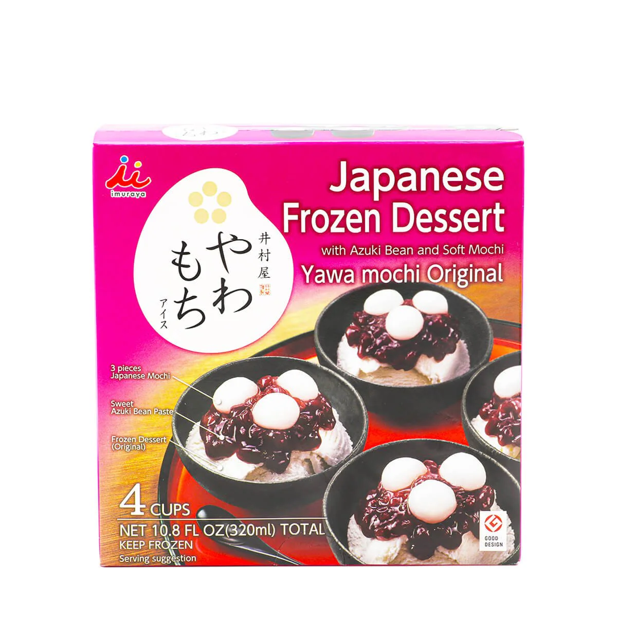 Imuraya Japanese Frozen Dessert with Azuki Bean and Soft Mochi (Yawa Mochi Original) 4 Cups. 10.8fl.oz