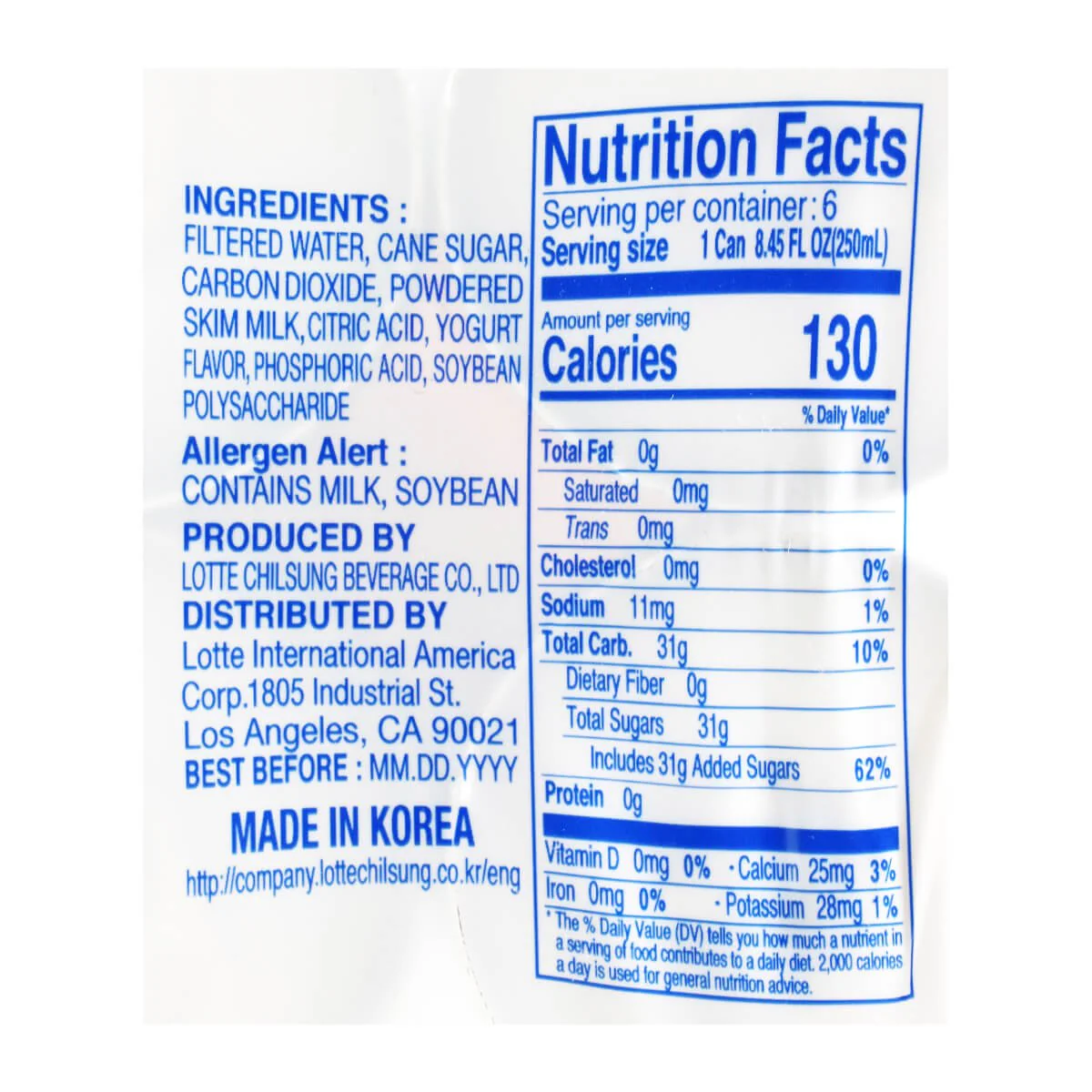 Lotte Milkis Carbonated Drink Original Flavor 250ml x 6 Cans - Image 3