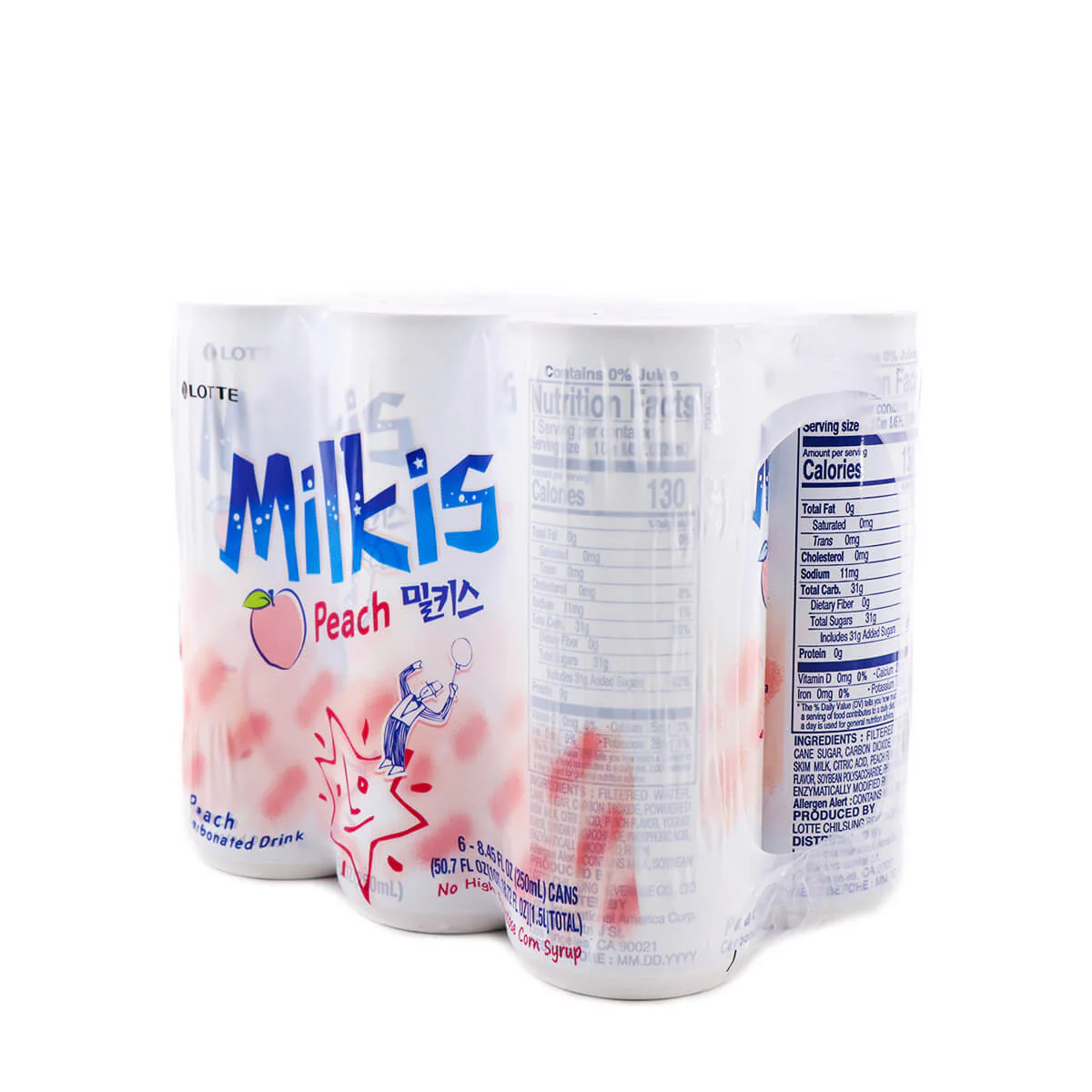 Lotte Milkis Peach Flavored Carbonated Drink 8.45fl oz x 6Cans, 50.7fl.oz - Image 2