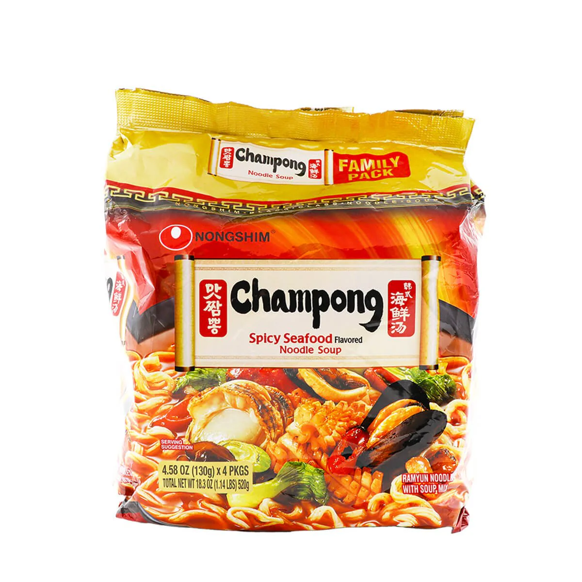 Nongshim Champong Spicy Seafood Flavored Noodle Soup 4 Pkgs x 130g, 520g