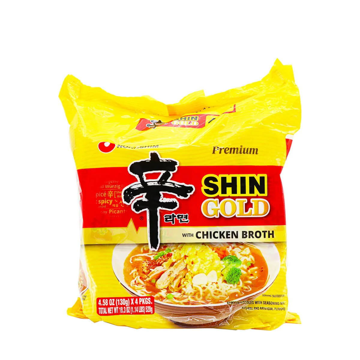 Nongshim Premium Shin Gold with Chicken Broth Ramen Multi 4.58oz x 4 Packs, 18.3oz