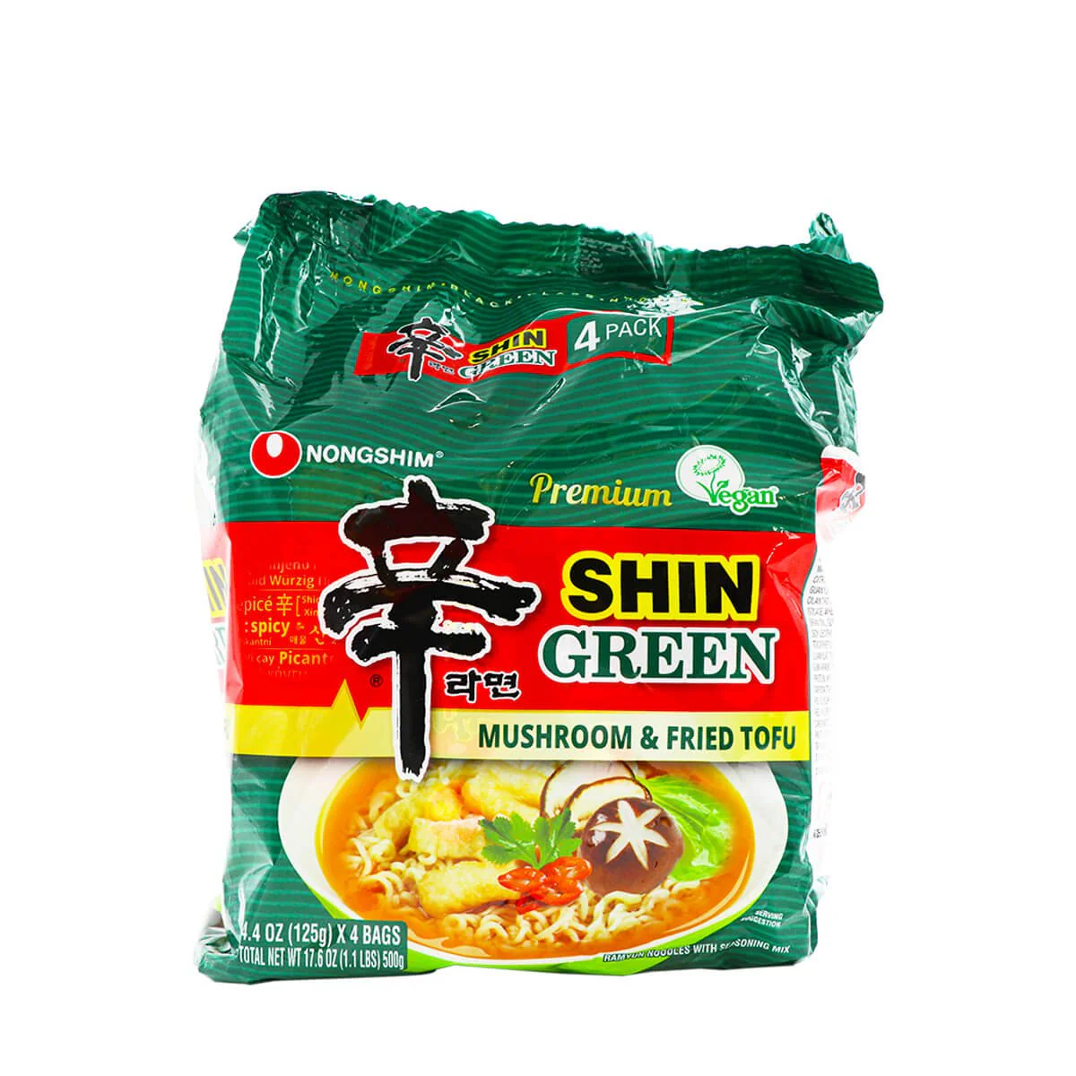 Nongshim Premium Shin Green Mushroom and Fried Tofu Ramen Multi 4.4oz x 4 Packs, 17.6oz