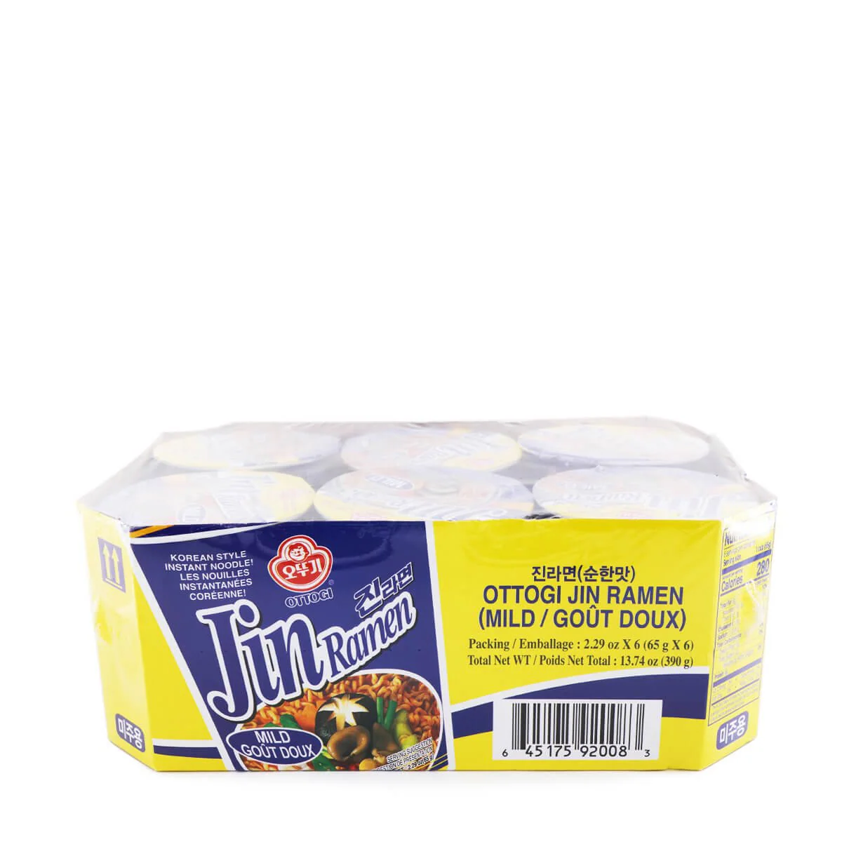 Ottogi Jin Ramen Mild Bundle 65g x 6 Cups, 390g