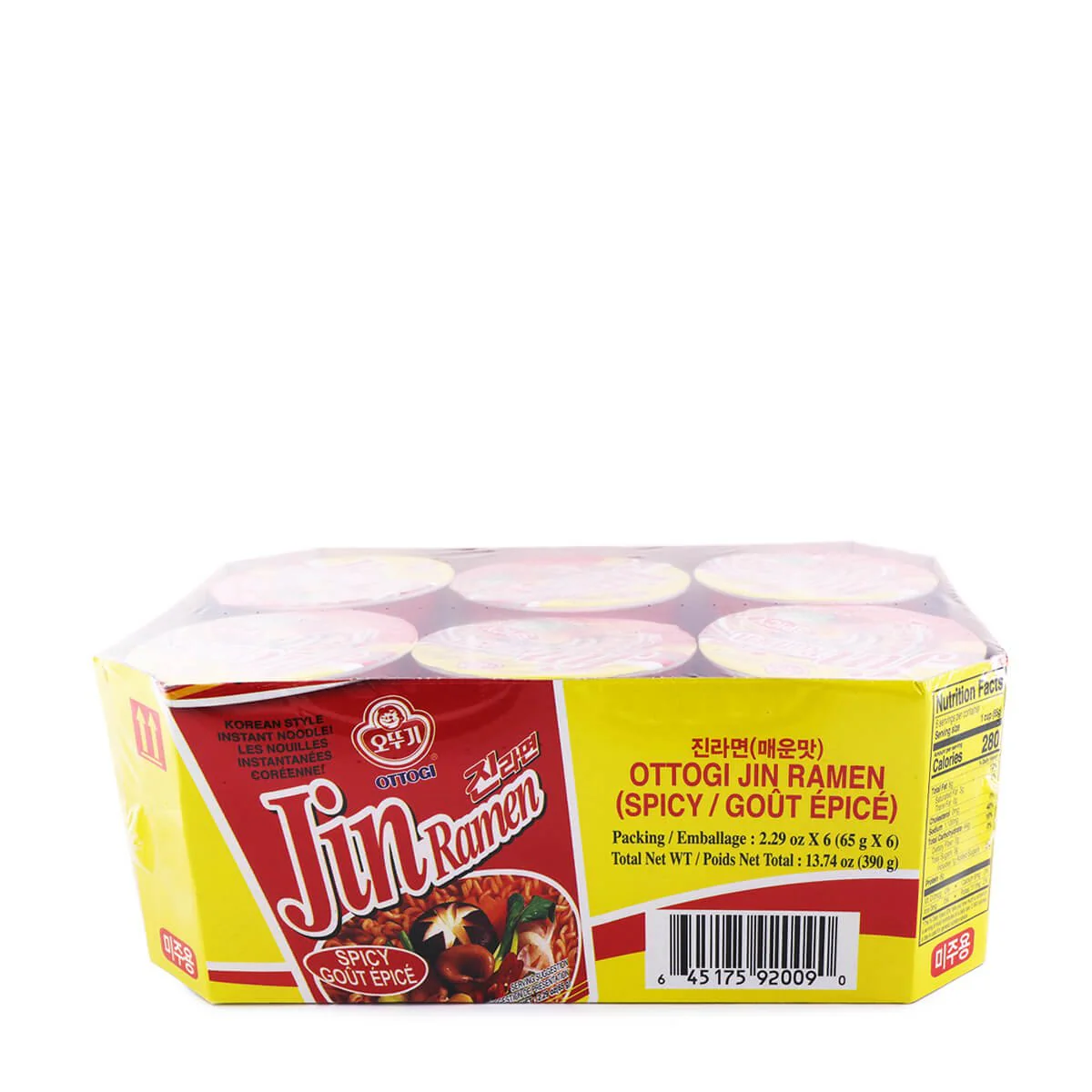Ottogi Jin Ramen Spicy Bundle 65g x 6 Cups, 390g